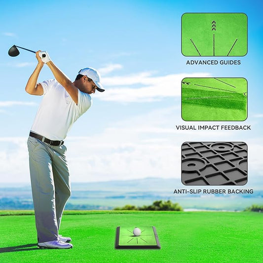 Premium Golf Hitting Mat - Swing Path Feedback & Detection | 16"x12" Replaceable Practice Mat with Advanced Guides & Durable Rubber Backing for Indoor/Outdoor Use